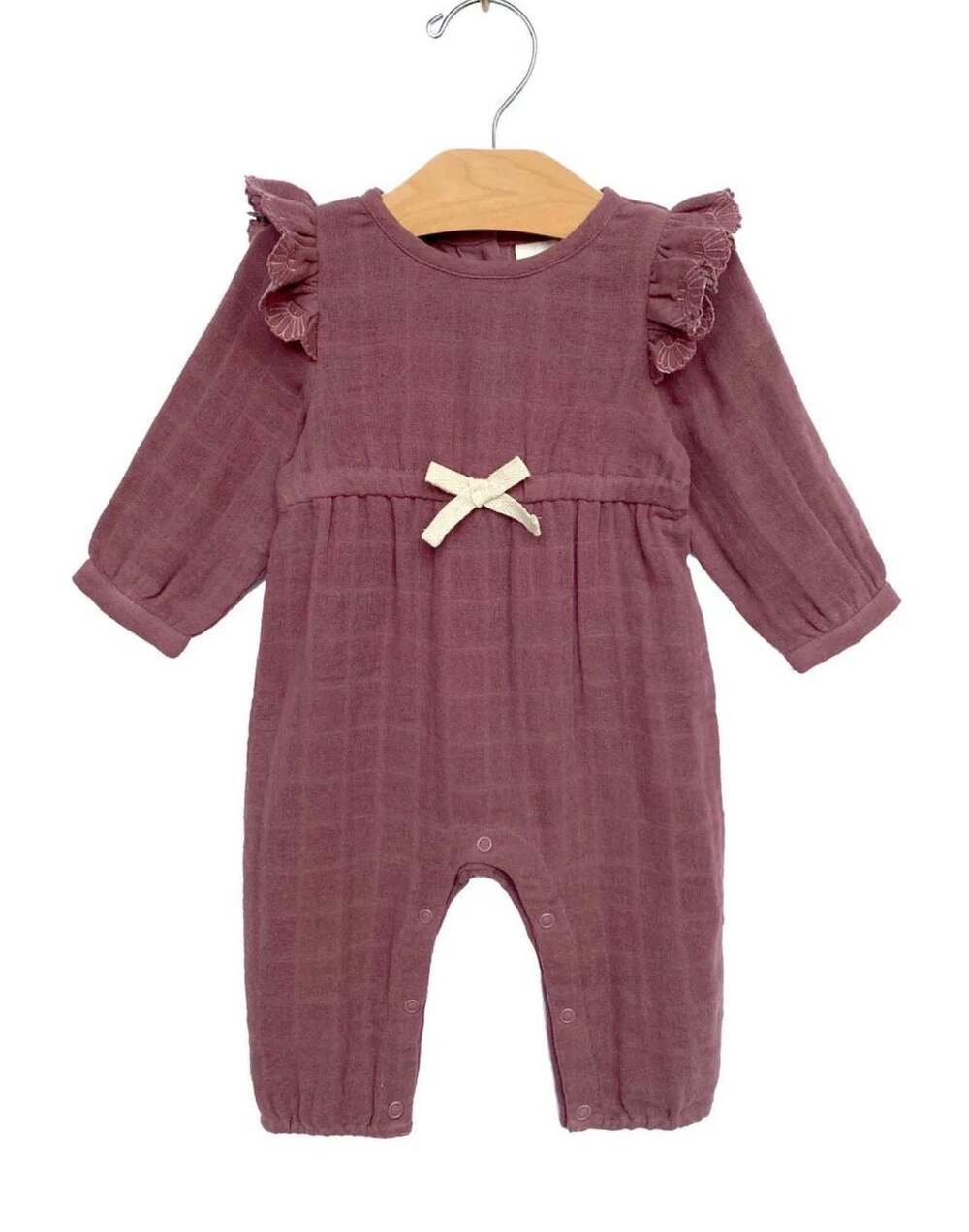 City Mouse Baby Ruffle Muslin Romper Mauve 0-3M